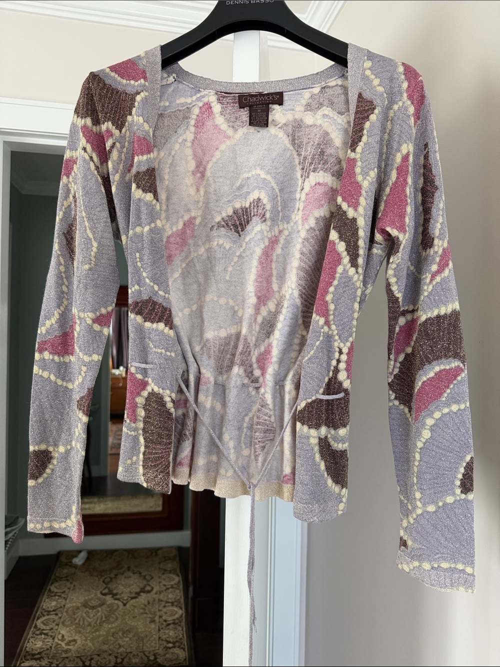 Chadwicks Tie-Front Patterned Cardigan Sweater - purple Gray & Brown size M